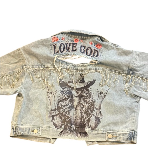 upcycled Jackets & Blazers - Jean Jacket Faith Blue Distressed Jean Jacket with bling